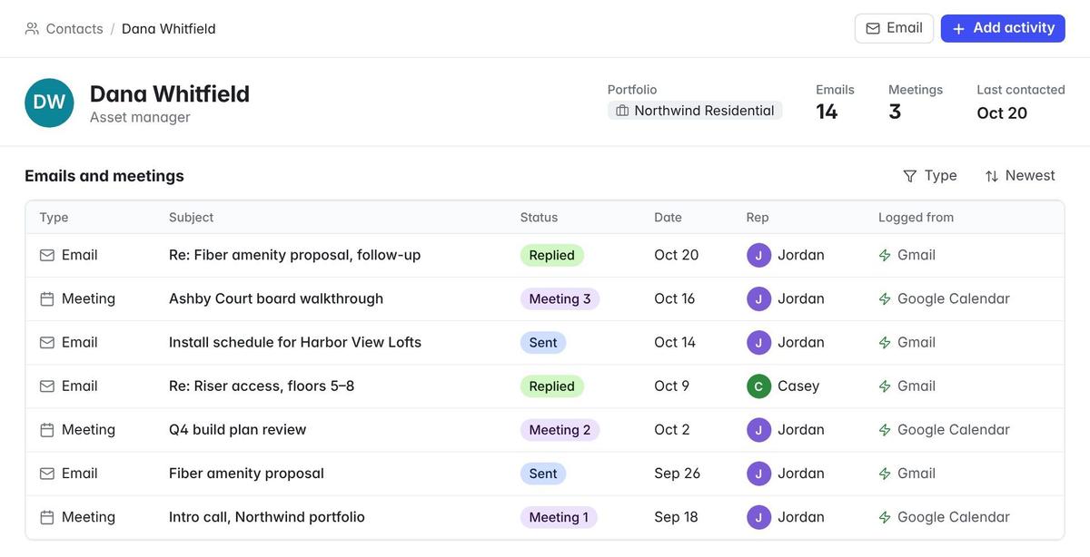 A contact page in Airtable: emails marked Sent or Replied and numbered meetings, each logged from Gmail or Google Calendar, with an Add activity button