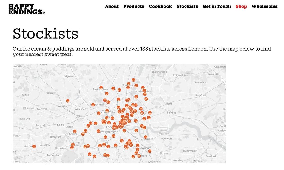 The public stockists page: over 133 stockists across London shown as smiley-face pins on a map
