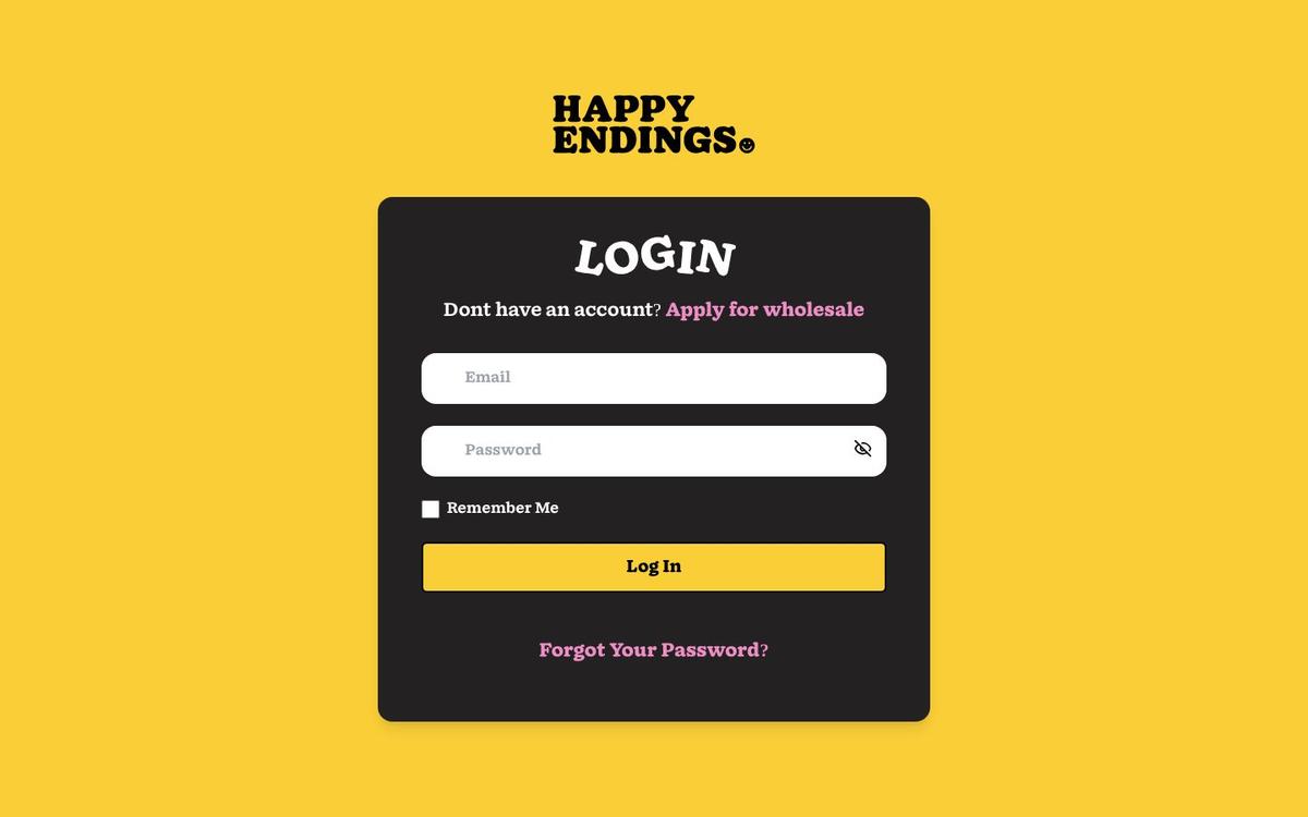 The Happy Endings wholesale login on its yellow brand background, with an Apply for wholesale link