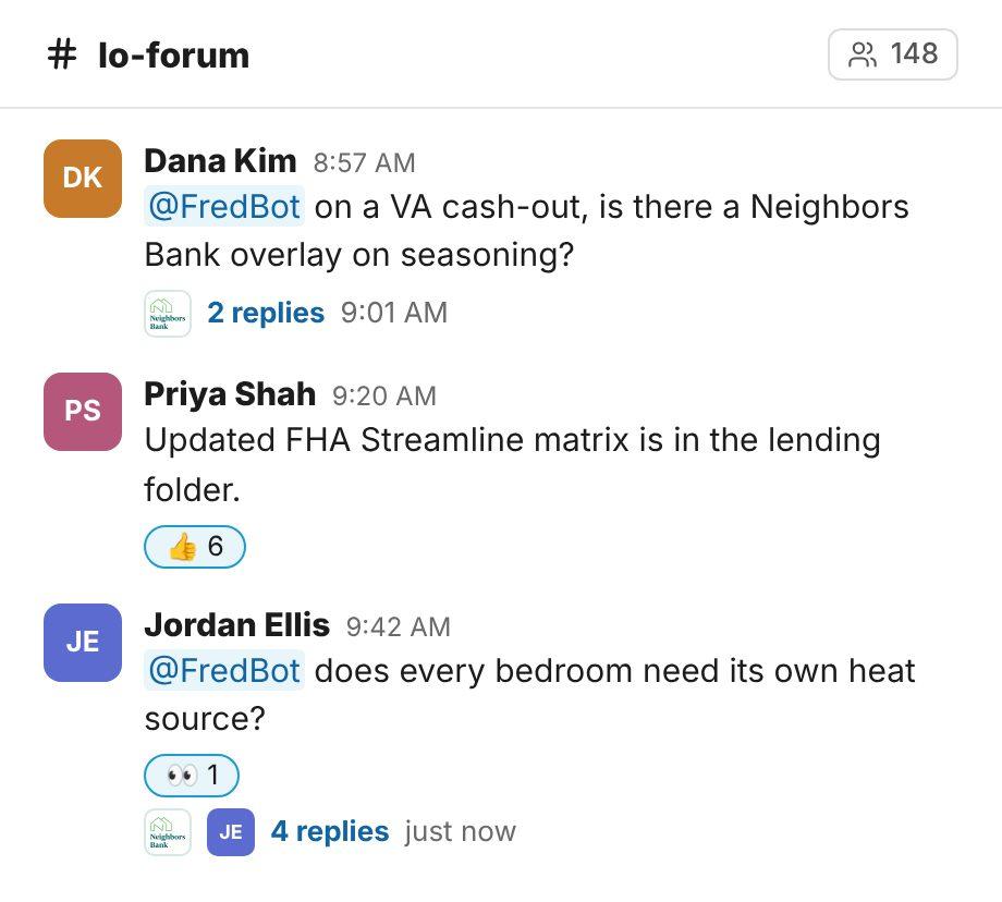 Loan officers asking FredBot guideline questions in Slack