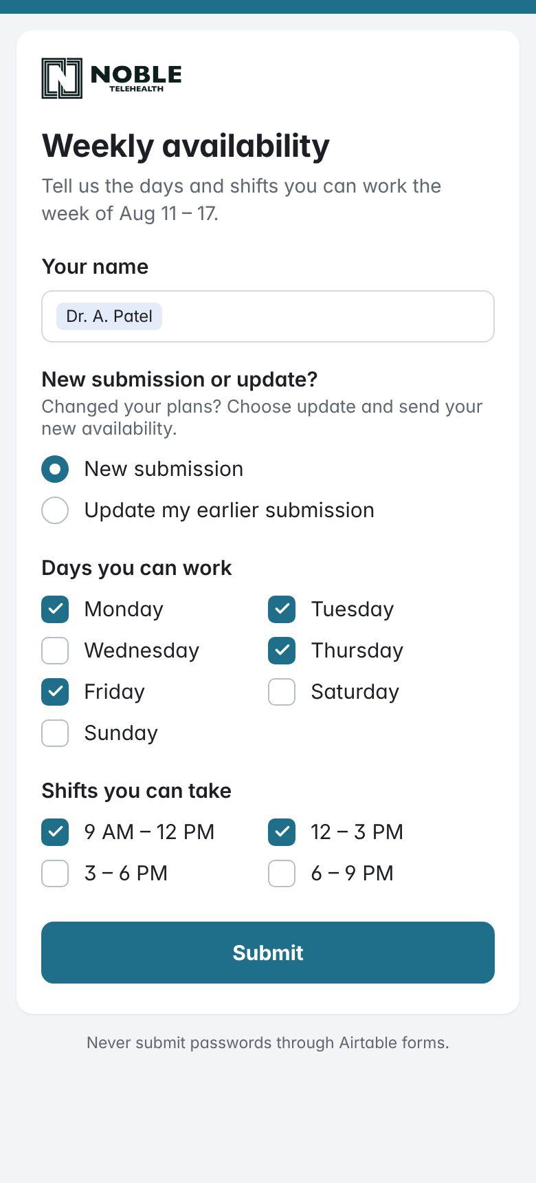 The weekly availability form on a phone: name, new submission or update, days and shifts