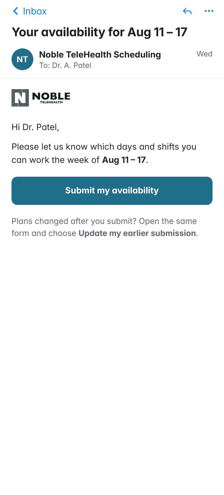 An email asking a provider for their availability for the week of Aug 11 to 17, with a Submit my availability button