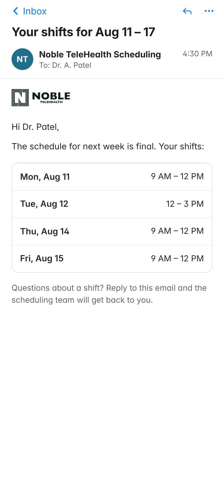 An email listing one provider's four shifts for the week of Aug 11 to 17