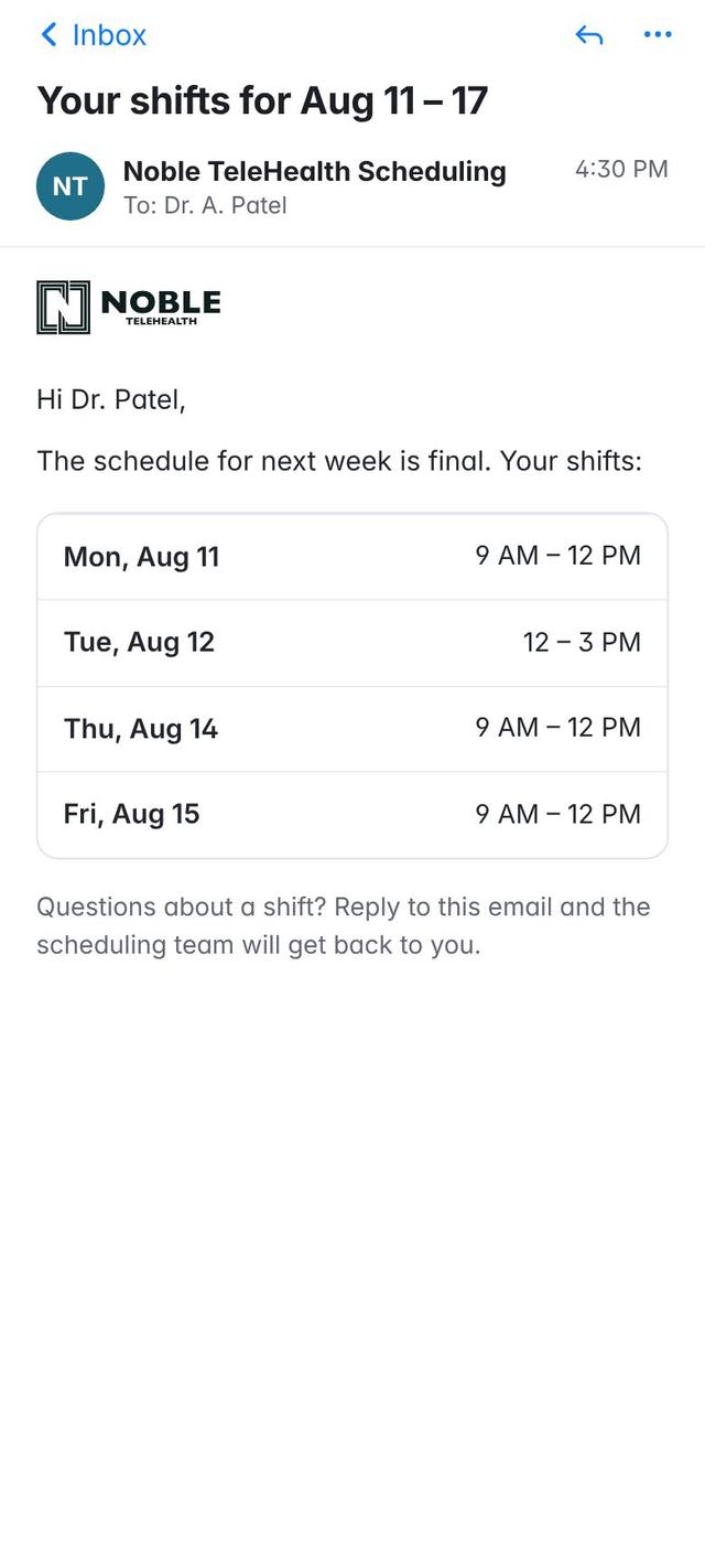 A provider's weekly shifts by email