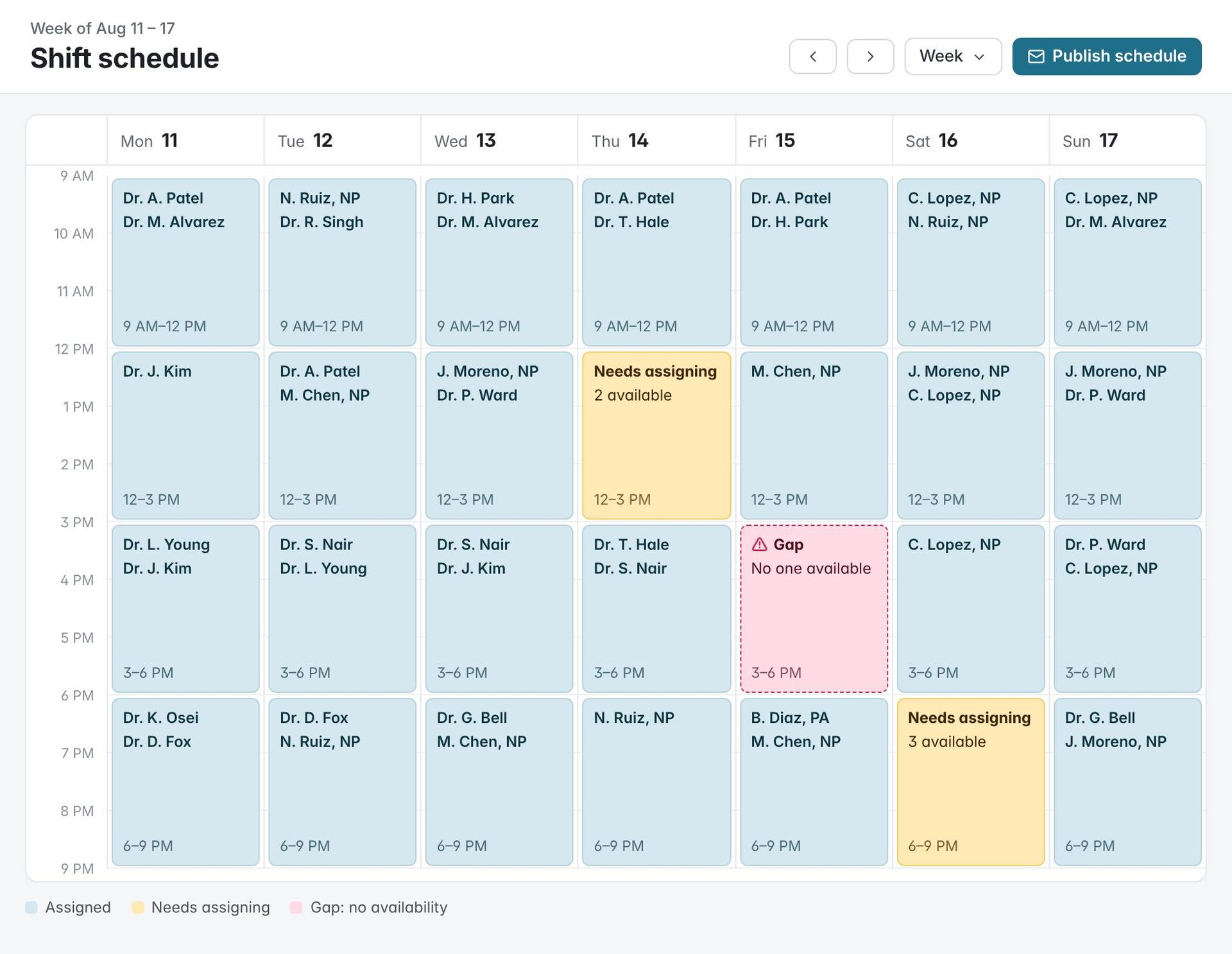 Weekly provider shift schedule