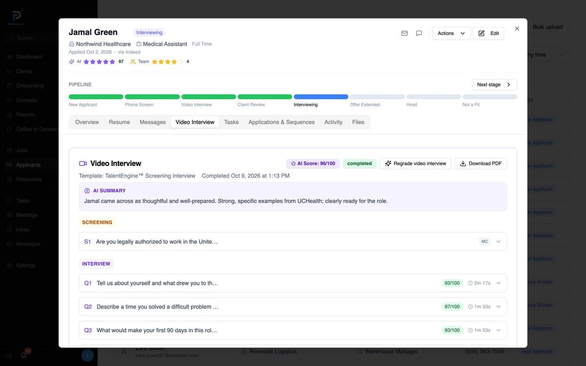 Reviewing a candidate's completed video interview: AI summary, screening answer and per-question scores