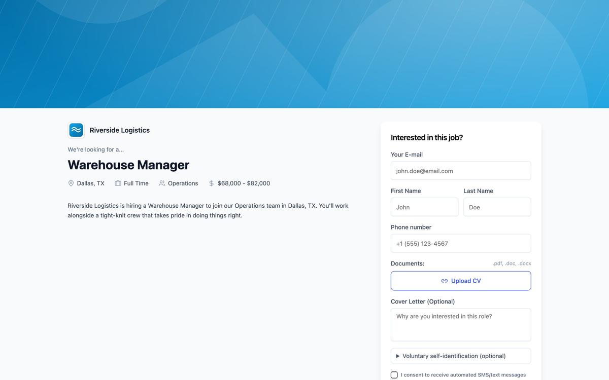 A job's application page: the role, pay range and the application form