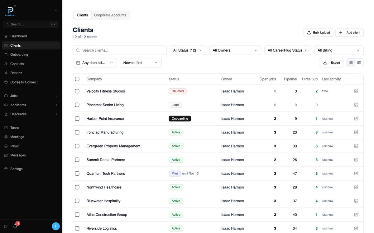The client list with status, owner, open jobs and hires