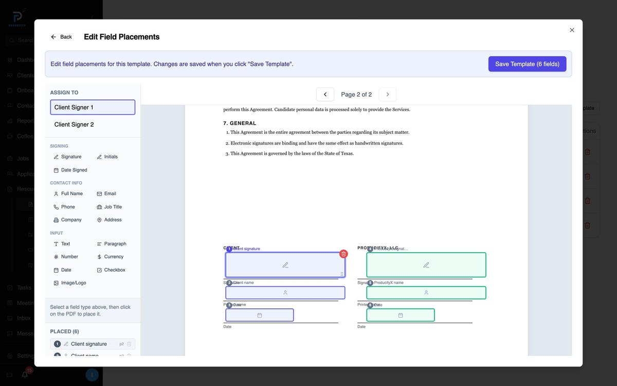 Placing signature, name and date fields for two signers on a contract template