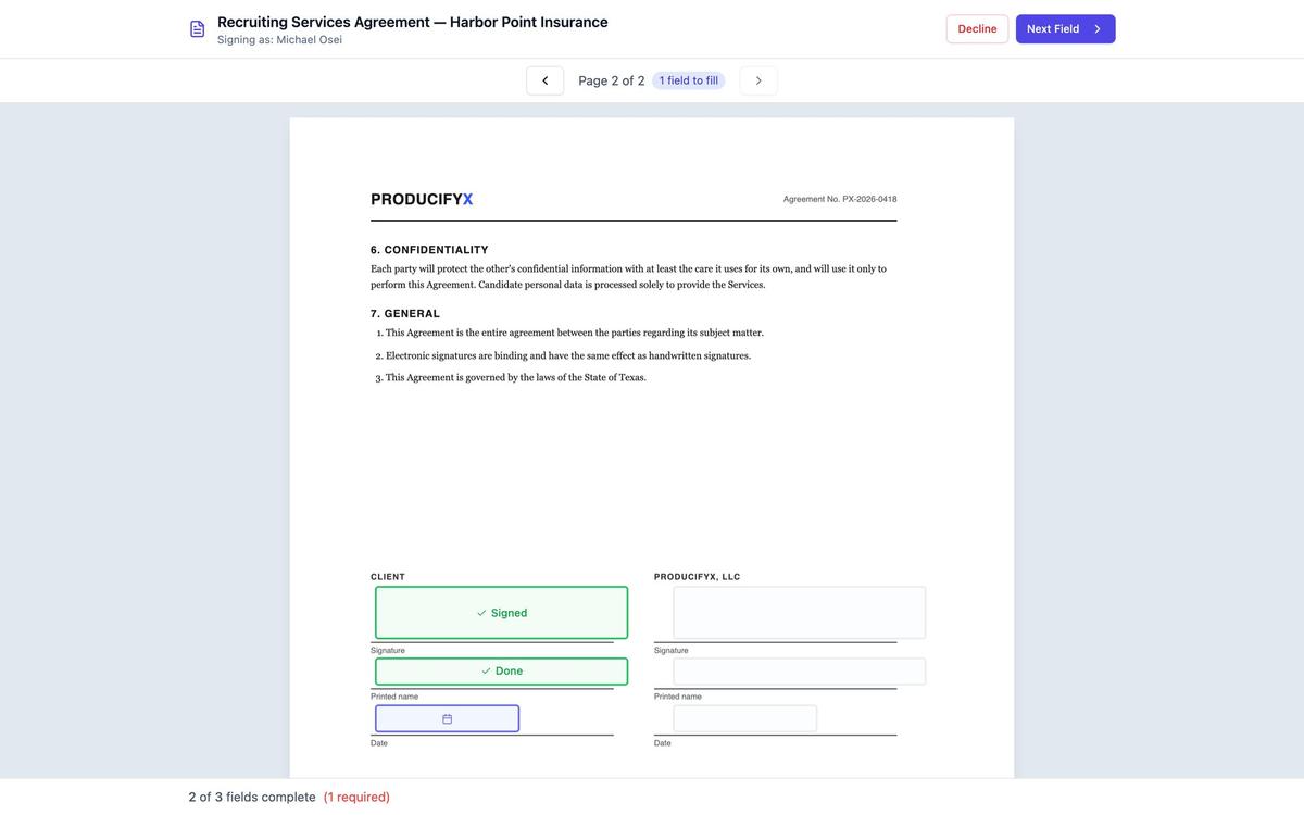 A client signing the Recruiting Services Agreement in the browser