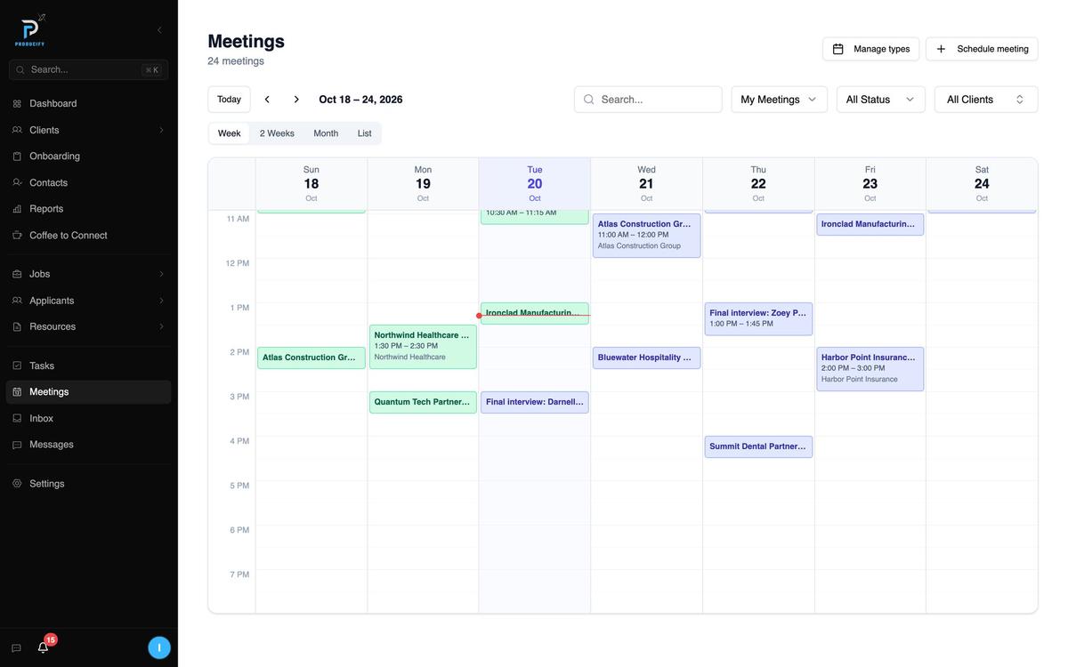 The team calendar for the week
