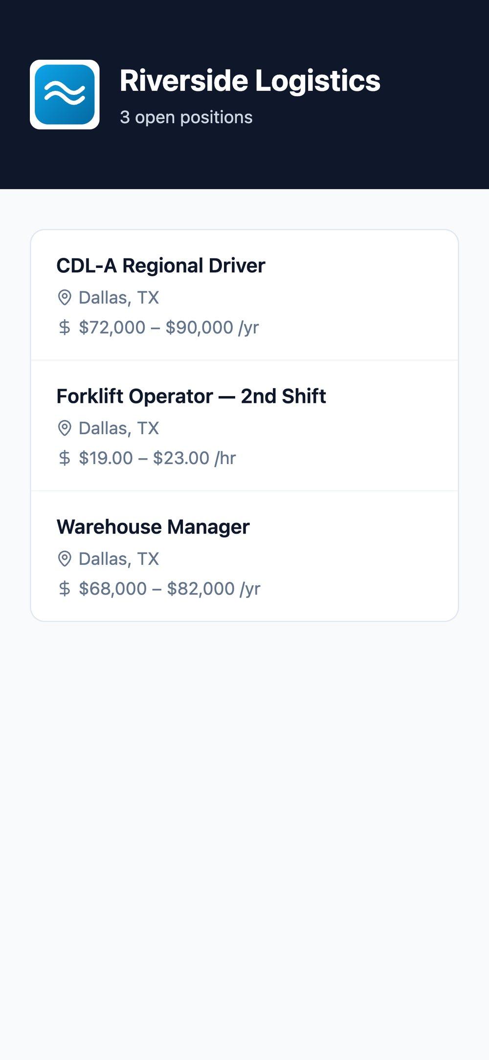 A client's careers page on a phone, listing three open roles