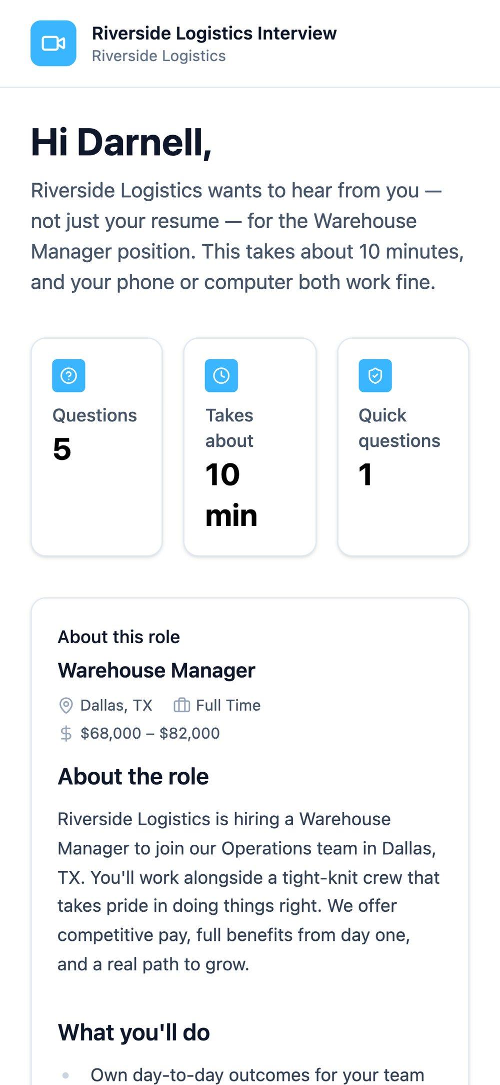 The candidate's interview landing page on a phone