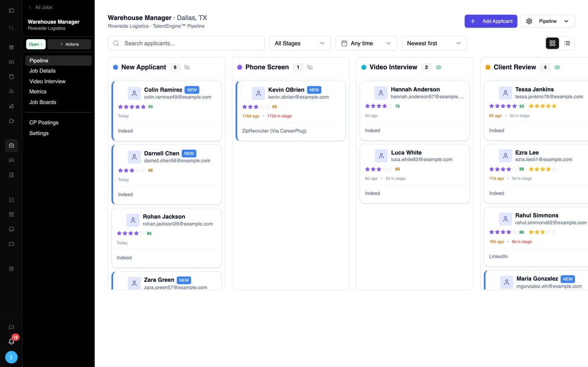 The applicant pipeline for a Warehouse Manager role: New Applicant, Phone Screen, Video Interview and Client Review columns