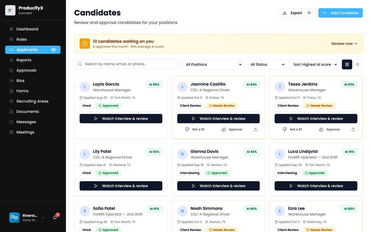The client portal's candidate grid, sorted by AI score, with Watch interview and Approve buttons