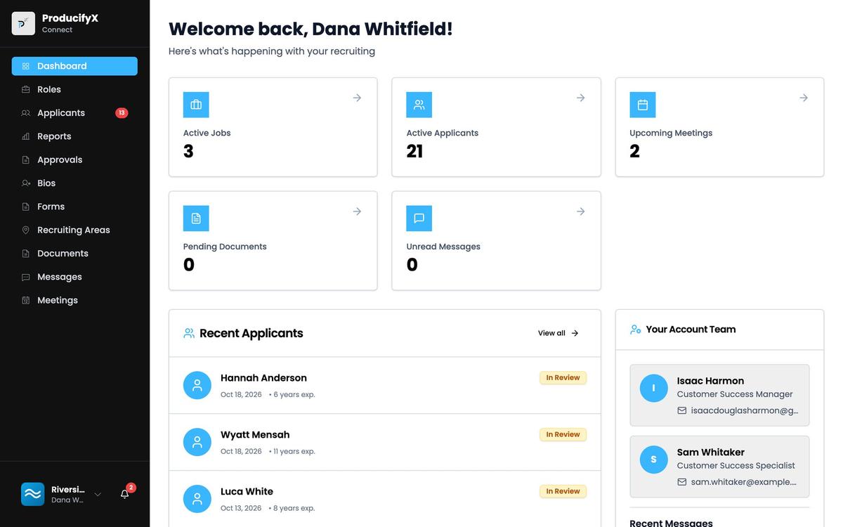 The client portal dashboard: active jobs, active applicants, upcoming meetings and the account team