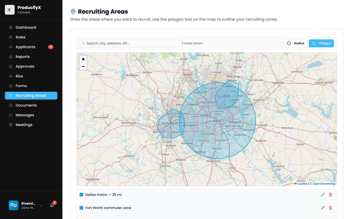 A client's recruiting areas around Dallas and Fort Worth drawn on a map