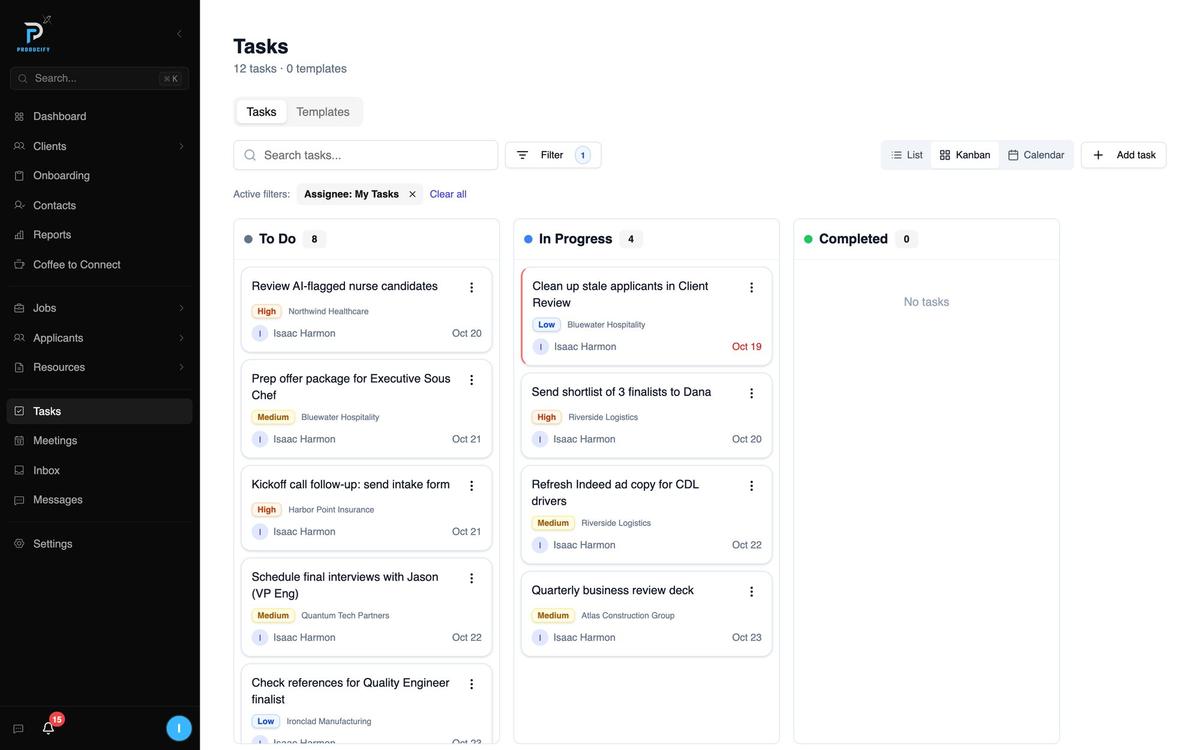 The task board: To Do, In Progress and Completed