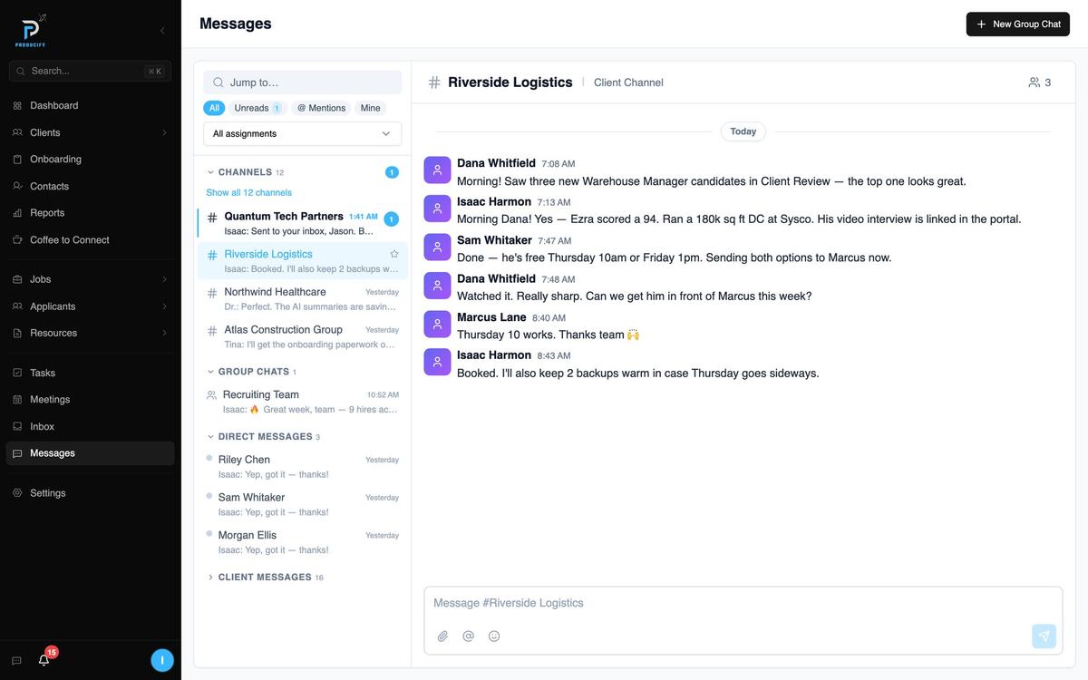 Messages: the Riverside Logistics client channel with the client and the ProducifyX team