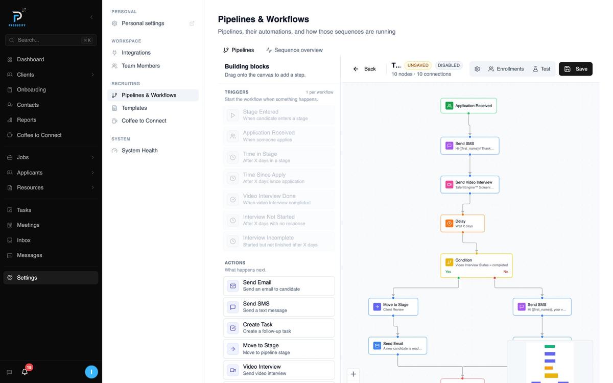 The workflow builder: application received, text, video interview, wait two days, then branch on whether the interview is done