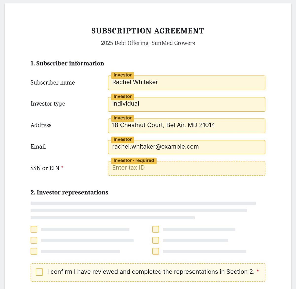 A sample investor's subscription agreement in PandaDoc: subscriber details filled in from the record, a required SSN or EIN field, and the representations section with a required confirmation