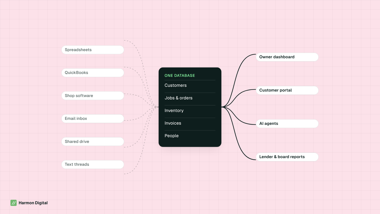 Diagram: spreadsheets, accounting, shop software, inboxes, drives and text threads feeding one database that powers dashboards, portals, AI agents and reports