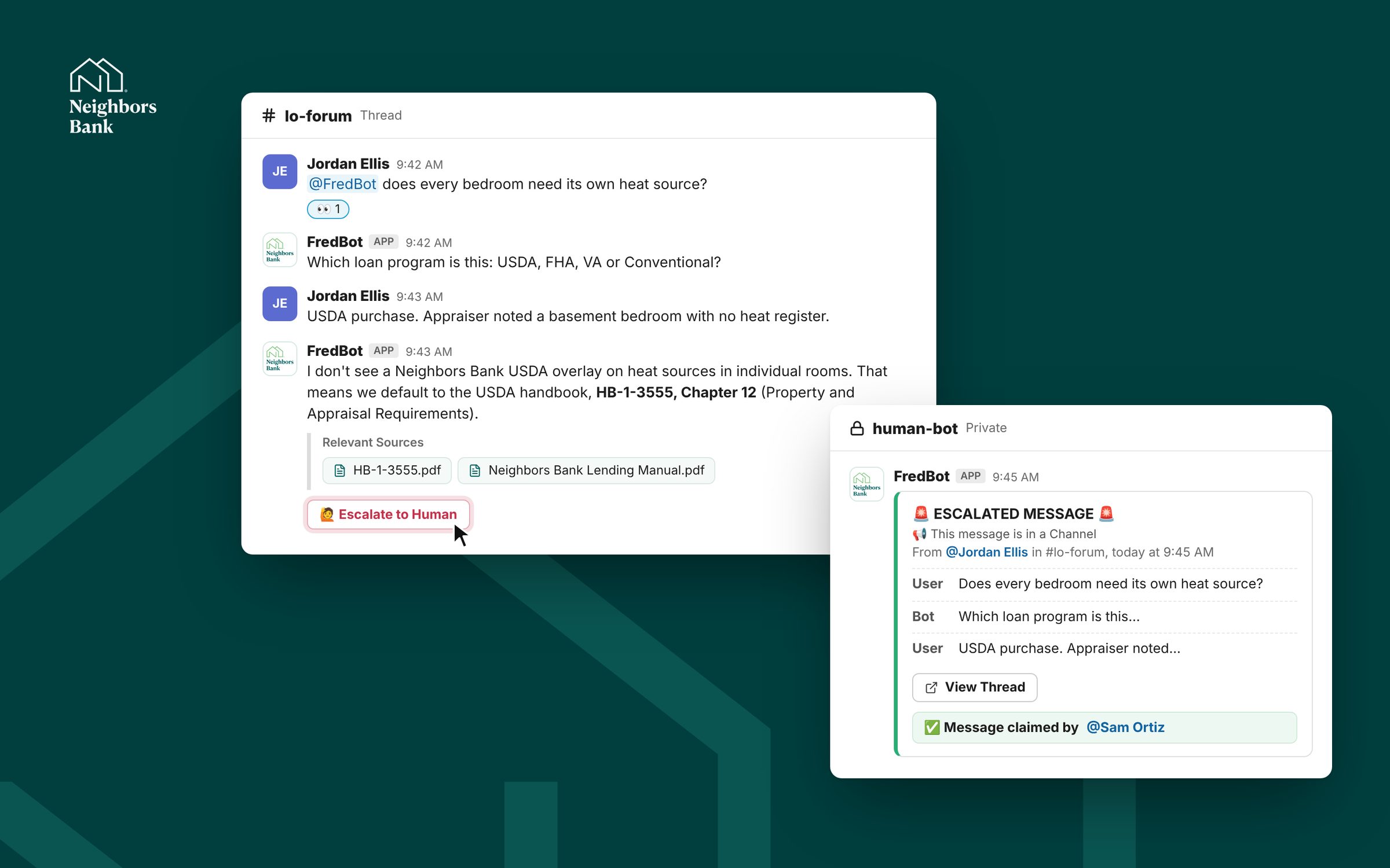 A loan officer's question in the Neighbors Bank Slack: FredBot asks for the loan program, answers from the USDA handbook with its sources, and the escalated thread lands in the underwriters' private channel, claimed by an underwriter