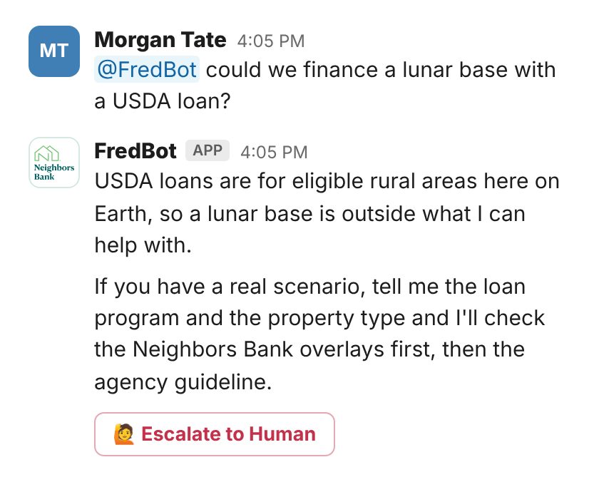 Someone asks FredBot whether a lunar base could be financed with a USDA loan; FredBot declines and asks for a real scenario