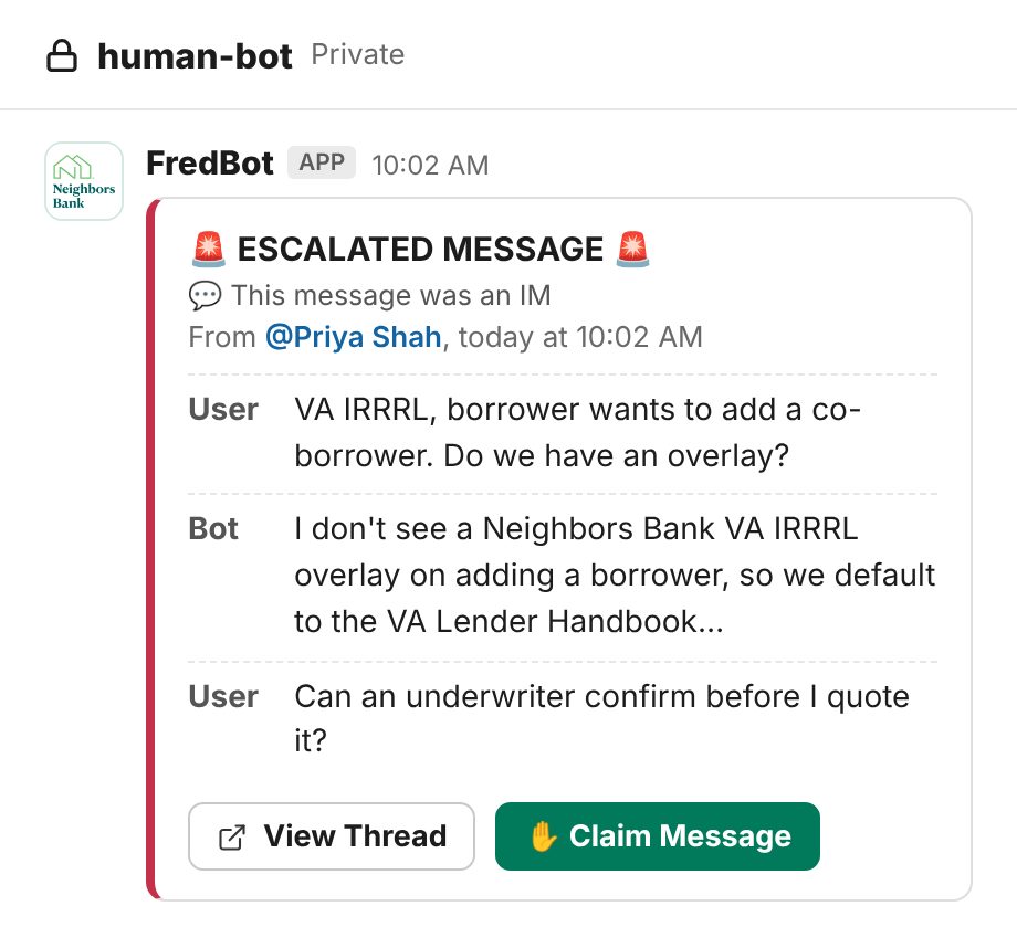 The private human-bot channel: an escalation card from a direct message, with every turn of the conversation, a View Thread button and a Claim Message button