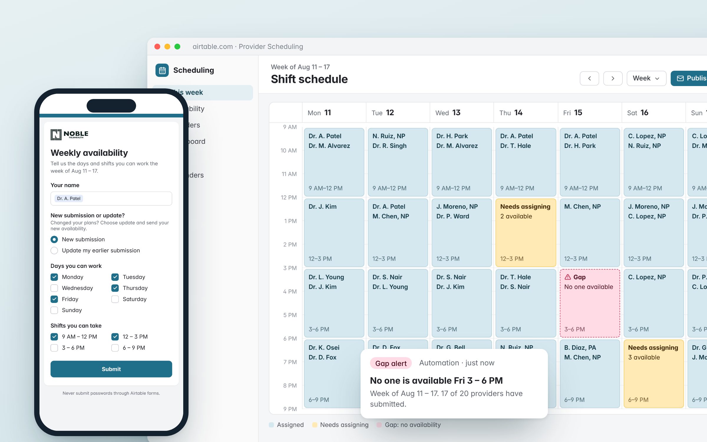 The weekly shift schedule in Airtable with one uncovered Friday afternoon slot and a gap alert, beside the provider availability form on a phone