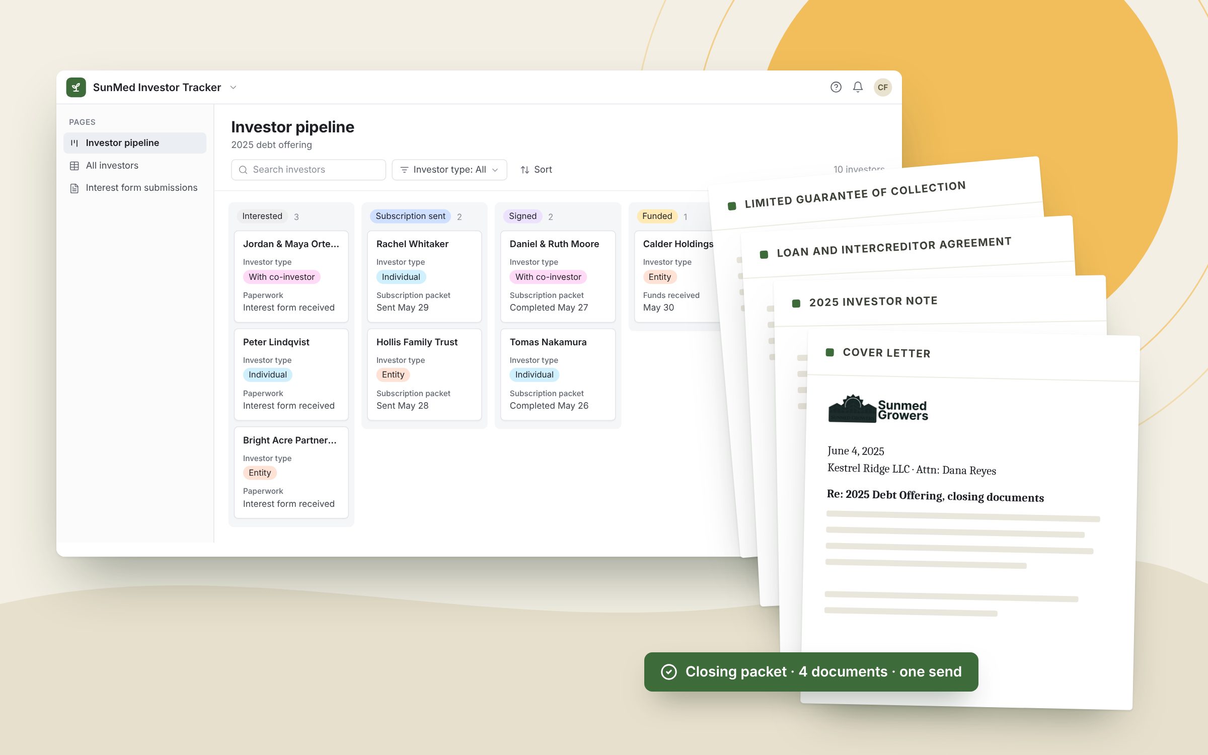 The SunMed investor pipeline in Airtable, with a closing packet's four documents stacked in front: cover letter, investor note, loan and intercreditor agreement and limited guarantee of collection